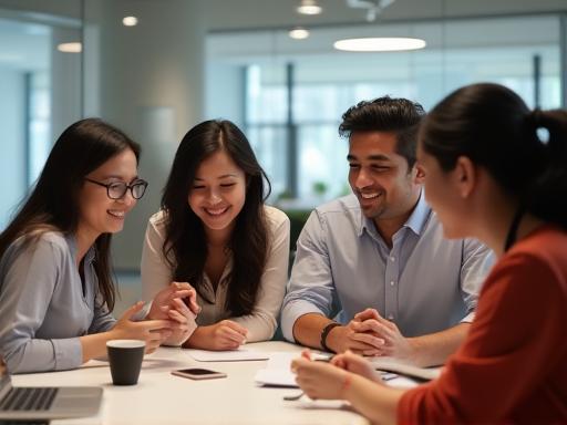 Diverse team members of Bharat Banter Media in a bright office space, engaged in a collaborative discussion around a table.
